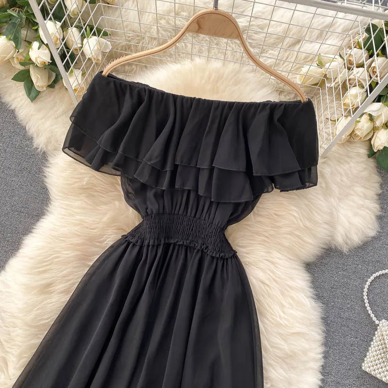 Women Chiffon Beach Dress Sexy Double Layer Ruffled Off The Shoulder Boho Dresses Ladies Sweet Slash Neck Long Dress
