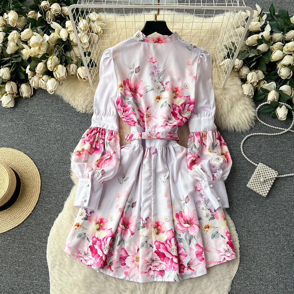 Elegant Party Dresses Women Round Neck Button Up Vintage Floral Print Dress Spring Summer Long Lantern Sleeve Belted Mini Dress