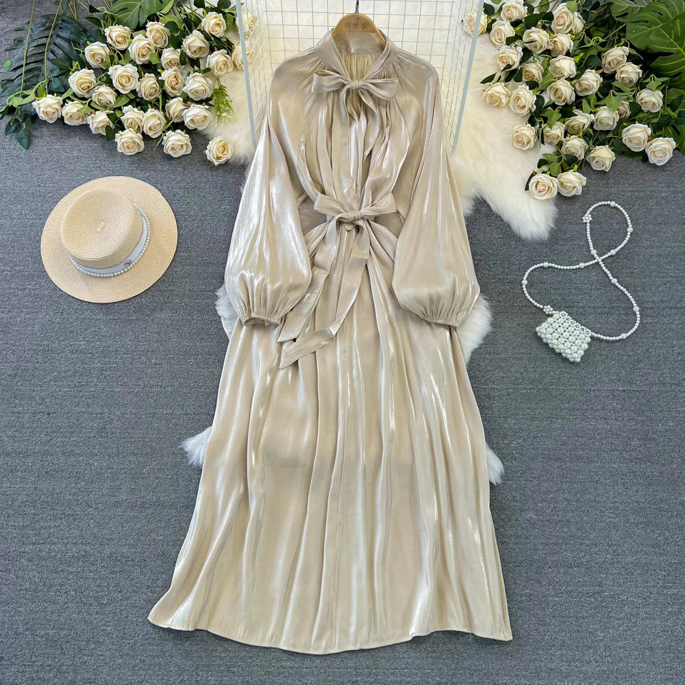 Autumn Elegant Women Fashion Party Long Dress Bow Lace Up Long Sleeve Evening Dresses A-Line Casual Vestidos One Piece Prom Robe