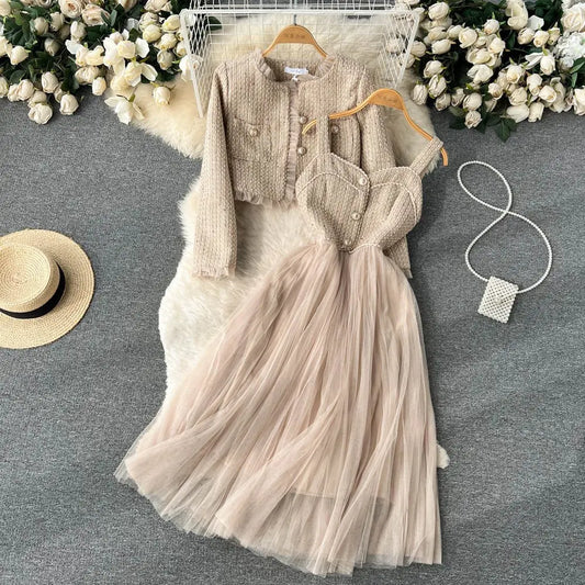 Elegant Small Fragrance Two-Piece for Women's Strap Mesh Midi Dress+Short Thick Tweed Jacket for Women's Spring and Autumn Set