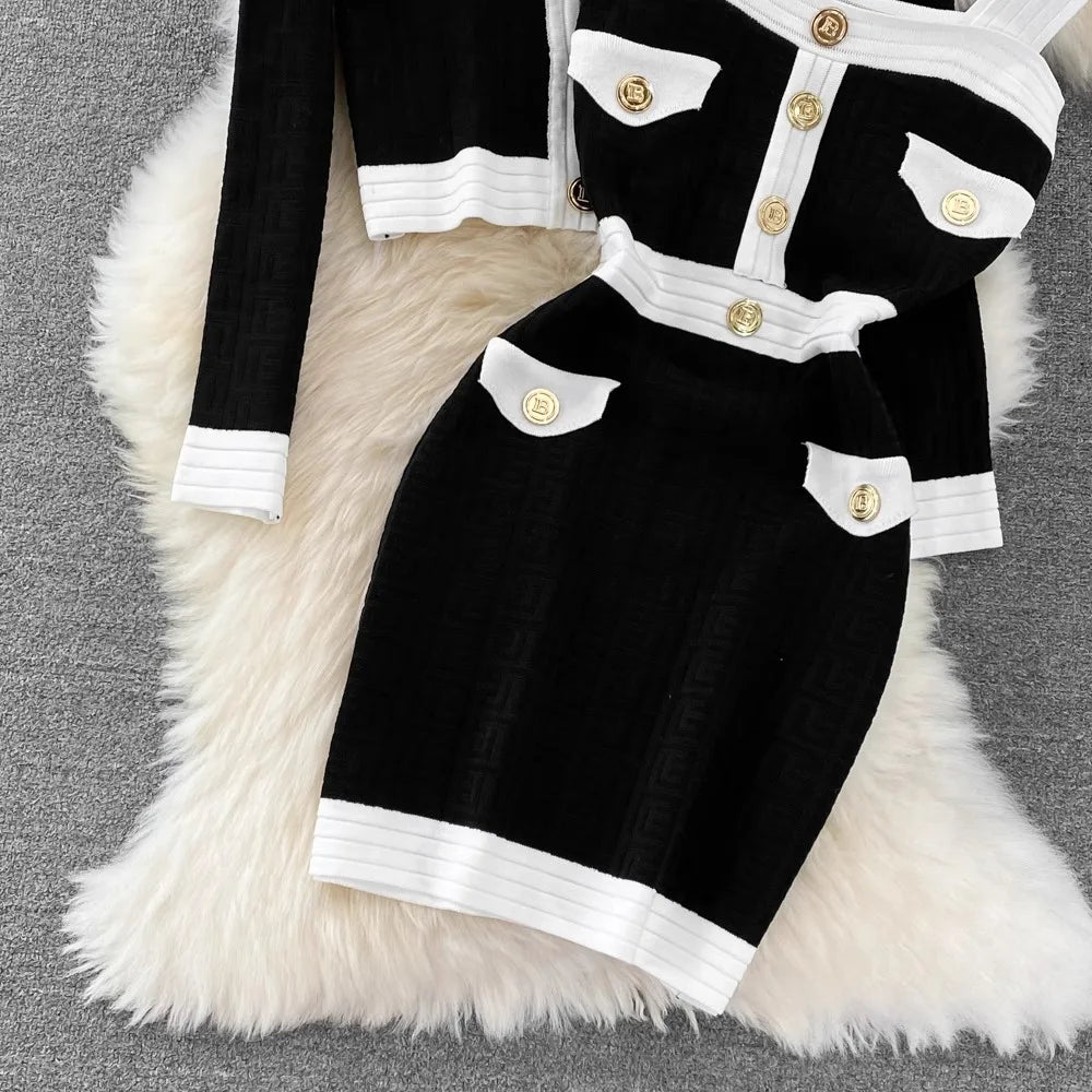 Spring Autumn New Trendy Knitted Two Piece Set for Women Vintage Elegant Slim Suits V-neck Short Cardigan+Mini Hip Wrap Dress