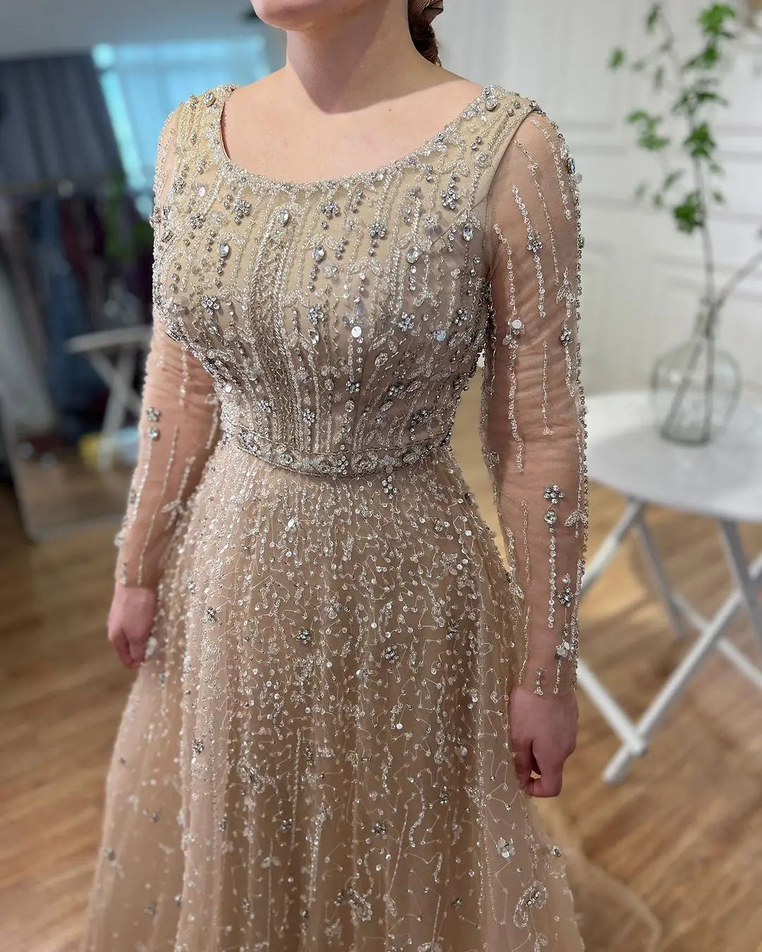 SERENE HILL Dubai Arabic Nude Designer Luxury Beaded Evening Dresses 2024 Long Sleeves Gowns For Women Wedding Party GLA72088