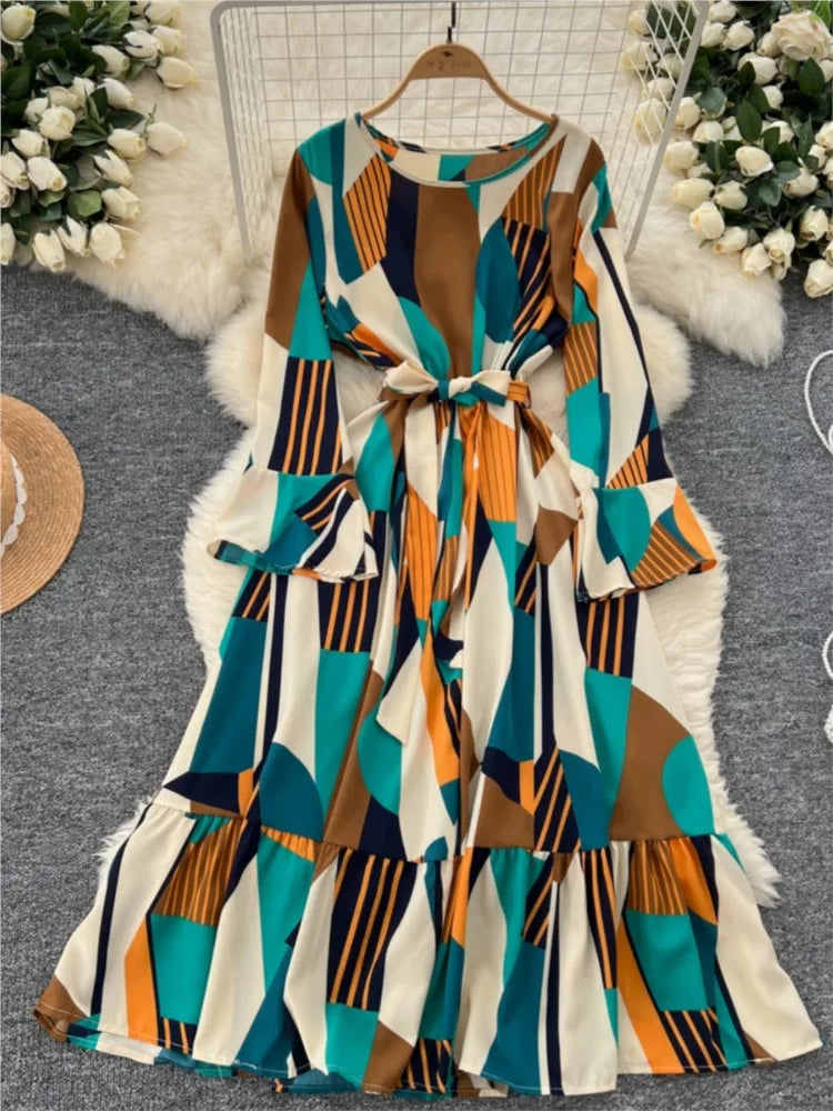 Women Vintage Print Dress for Women Autumn Flare Long Sleeves Lace Up Ruffles Slim Waist Evening Party Dresses A-Line Vestidos