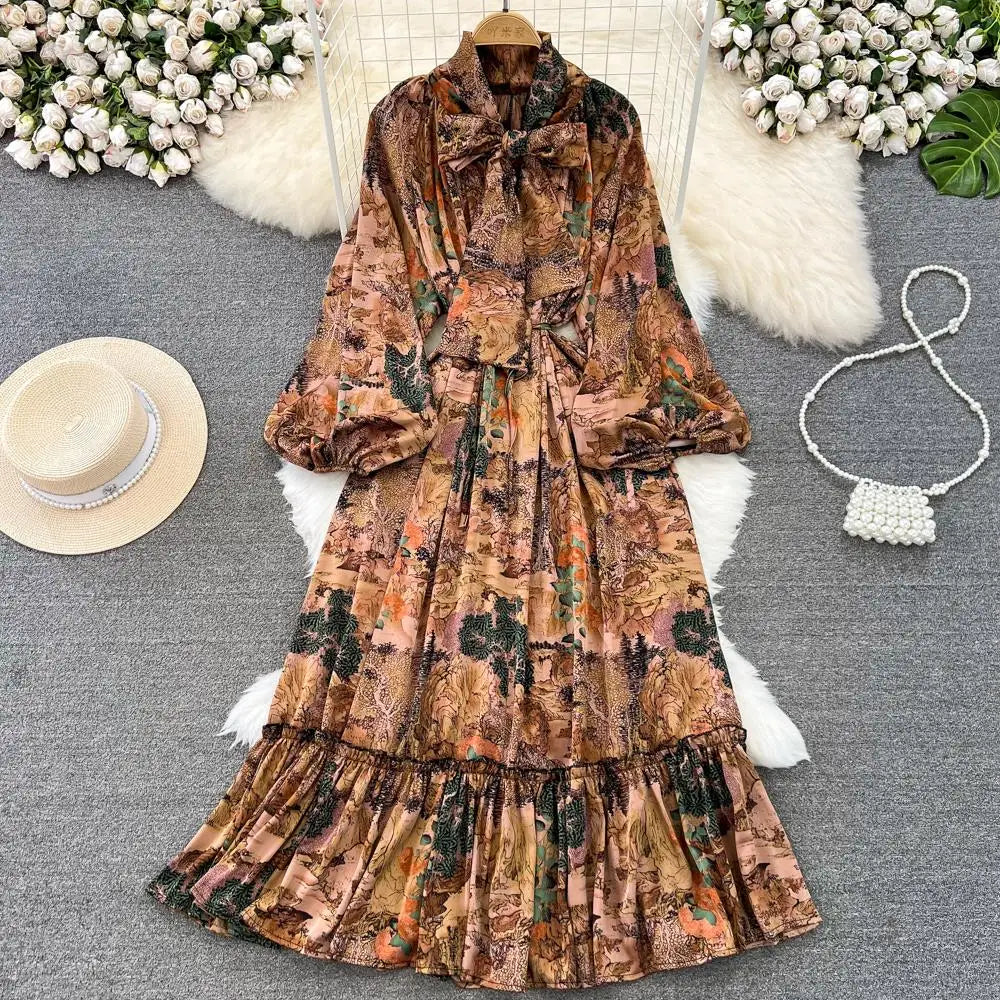 Elegant Casual A-Line Vintage Ruffle Print Long Dress Autumn Lantern Sleeve Party Boho Dresses Beach Holiday Female Vestidos
