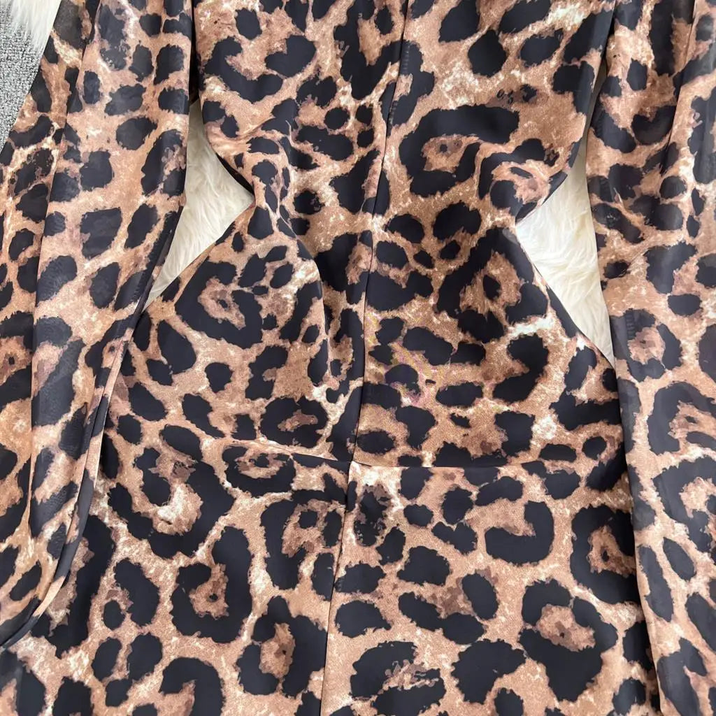 Autumn Elegant Women Leopard Print Long Sleeve Dress Casual Loose A-Line Slit Evening Dresses New Fashion Vintage Vestido Mujers
