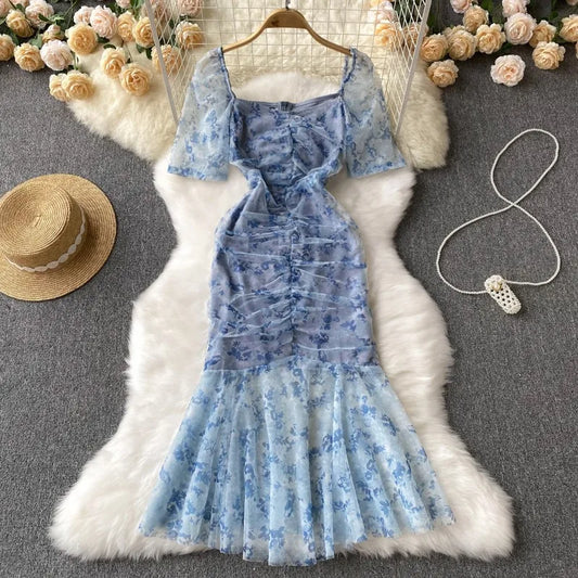 Summer Sexy Vintage Bodycon Women Dress Elegant Solid Print Slim Evening Party Club Prom Dresses Female Mesh Clothes Robe New