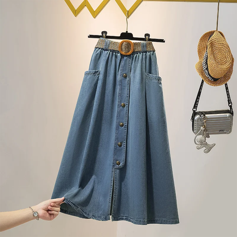 Vintage Summer Denim Skirt for Women Fashion High Waist Slim Button Split Long Skirts Korean Loose A-line Thin Jeans Midi Skirt