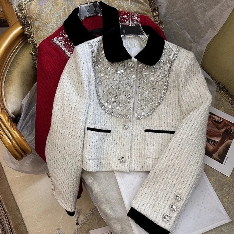 Spring Rhinestone Decoration Tweed Jacket for Women Exquisite Elegant Female Sequin Coat Autumn Trendy Commuter Crop Outerwear