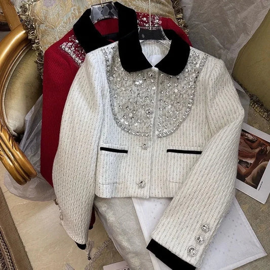 Spring Rhinestone Decoration Tweed Jacket for Women Exquisite Elegant Female Sequin Coat Autumn Trendy Commuter Crop Outerwear