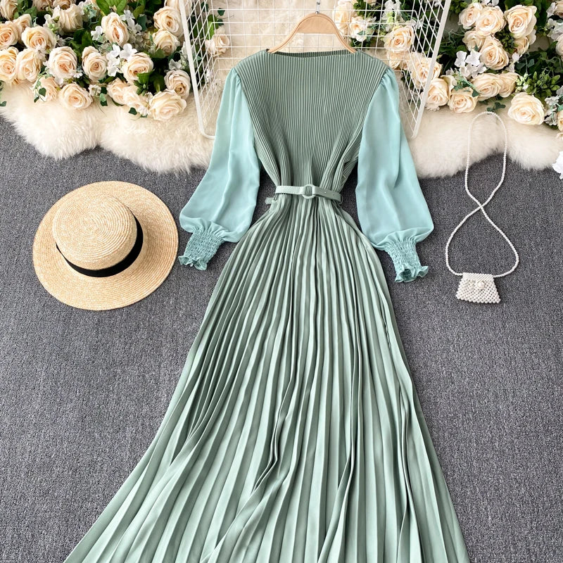 Chic Pleated Elegant Puff Sleeve Dress A-line Chiffon High Waist Belt Beach Vacation Party Dress Women Summer Spring Vestidos