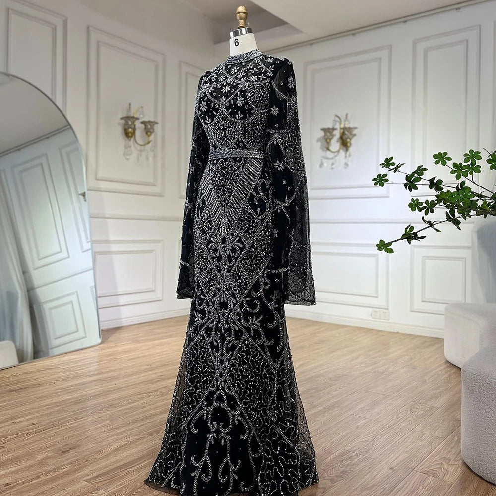 Serene Hill 2024 Muslim Nude Mermaid Elegant Bell Sleeve Beaded Luxury Dubai Long Evening Dress for Formal Occasion LA72316A