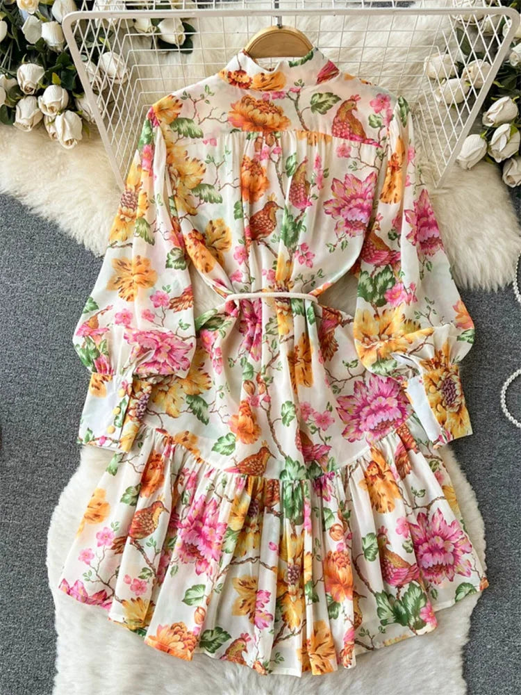 Spring Vacation Dresses For Women Long Sleeve Vintage Floral Print Dress Stand Collar Ruffle Hem Chiffon Mini Dress Tie Belt