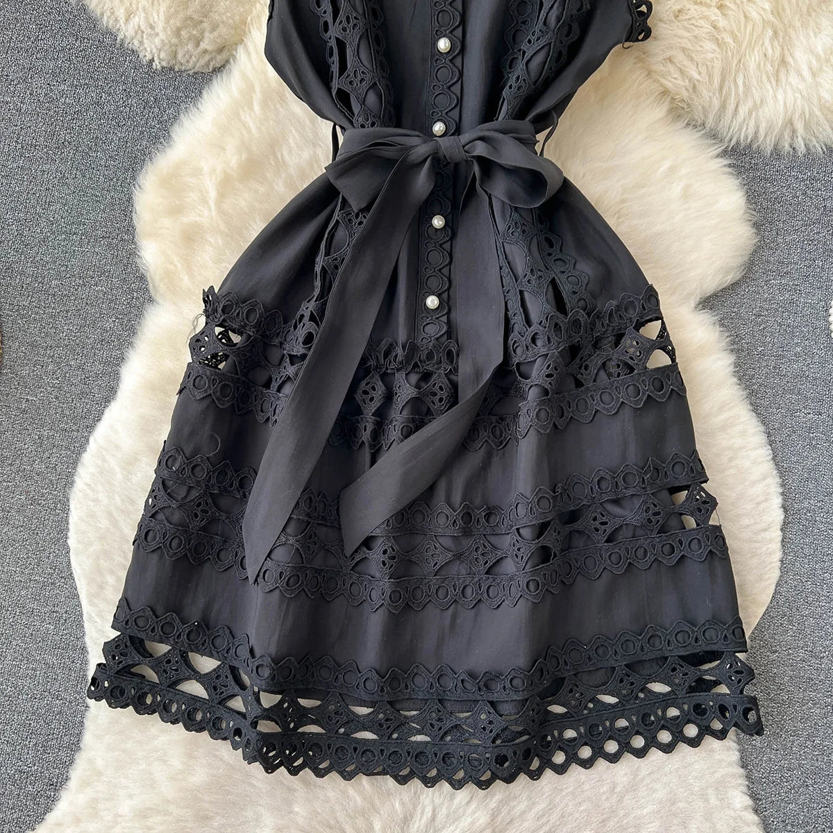 Summer Clothes Dresses For Women 2023 Elegant Vintage Embroidery Lace Dress Sleeveless Stand Neck Button Up Mini Dress With Belt