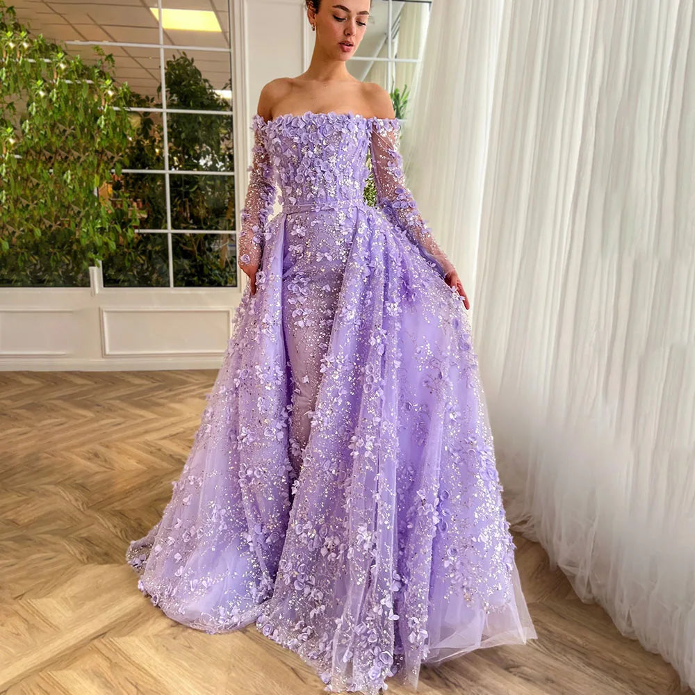 Serene Hill 2024 Pink Strapless Back Lace-Up Mermaid Evening Gown with Overskirt and Appliques for Women | Wedding Party LA72641