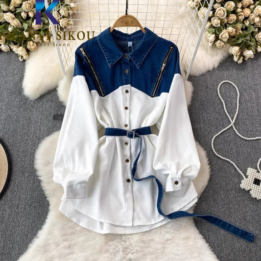 Denim Spliced Long Sleeve Shirt Coat Women Zipper Design Fashion Belt Lapel Mid Long Shirt Jacket Female Autumn Casual Blouses