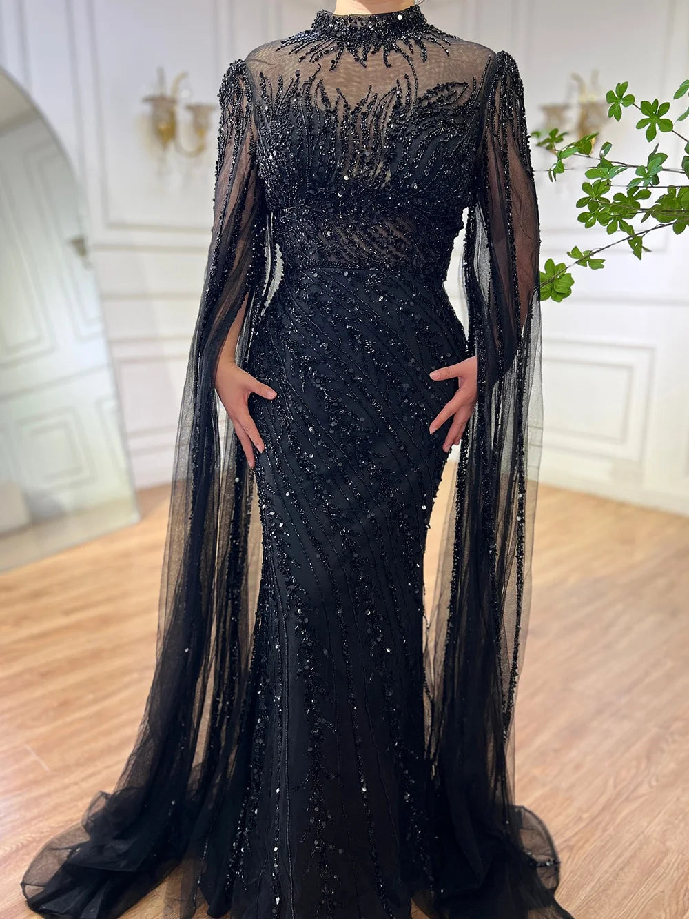Serene Hill 2024 Nude Cape Sleeves Mermaid Lace Beaded Luxury Dubai Long Evening Dresses Gowns For Formal Occasion LA71885A