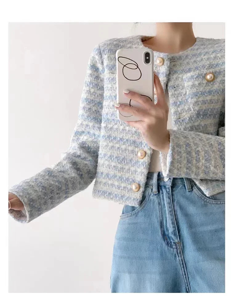 ITOOLIN Autumn Winter Women Elegant  Tweed Cardigan Short Coat With Pocket Single Breasted Jacket For Women Loose Outwear 2024