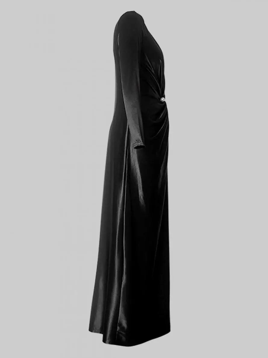 Yeezzi 2024 New Female Tied Waist Deep V-Neck Pleated Prom Banquet Dress Spring Long Sleeves Elegant Party Evening Maxi Dresses