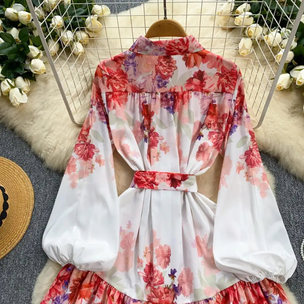 Elegant Casual Women Pleated Print Mini Dress Vintage Lace-up Lantern Sleeve Ruffles Short Dresses Female Party Clothes Robe