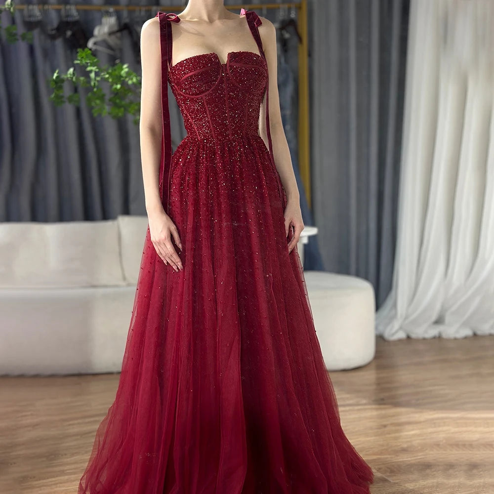 Serene Hill 2024 Saudi Wine Red Beaded Evening Gown Spaghetti Strap A-Line Luxury Floor-Length for Formal Occasion LA70600A