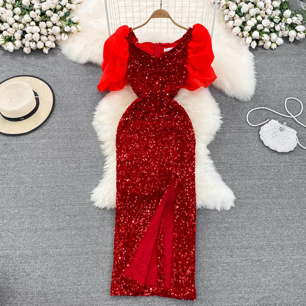 Elegant Square Collar Slim Sequin Women Dresses Luxury High Waist Long Banquet Dress Sexy High Slit Temperament Celebrity Gowns