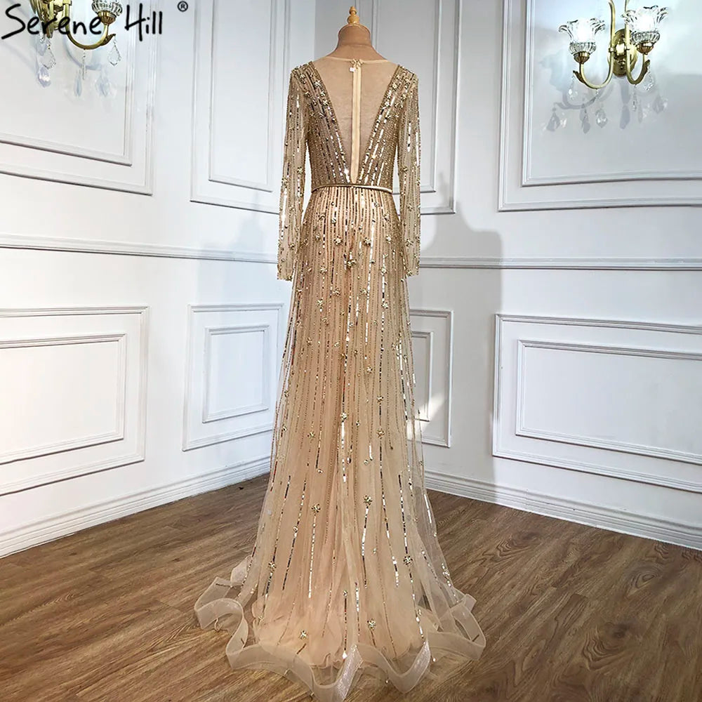 Serene Hill Muslim Gold A-Line Luxury Evening Dresses Gowns 2022 Sparkle Beaded Long Sleeves Sexy For Women Party GLA70674