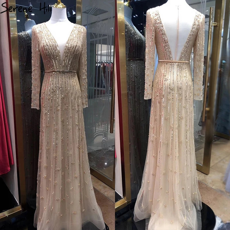 Serene Hill Muslim Gold A-Line Luxury Evening Dresses Gowns 2022 Sparkle Beaded Long Sleeves Sexy For Women Party GLA70674