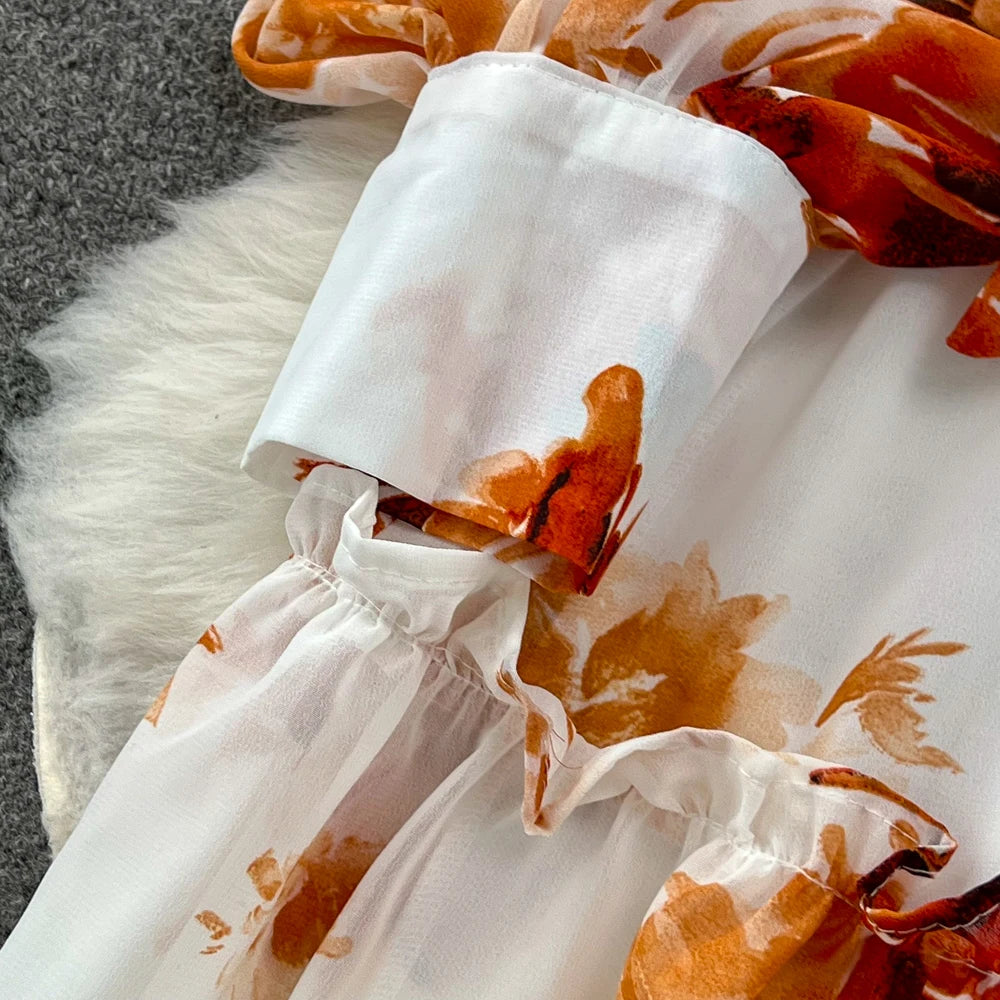 Elegant Casual Women Fashion Floral Print Long Dress Vintage Pleated A-Line Maxi Boho Beach Party Robe Female Clothes Mujers