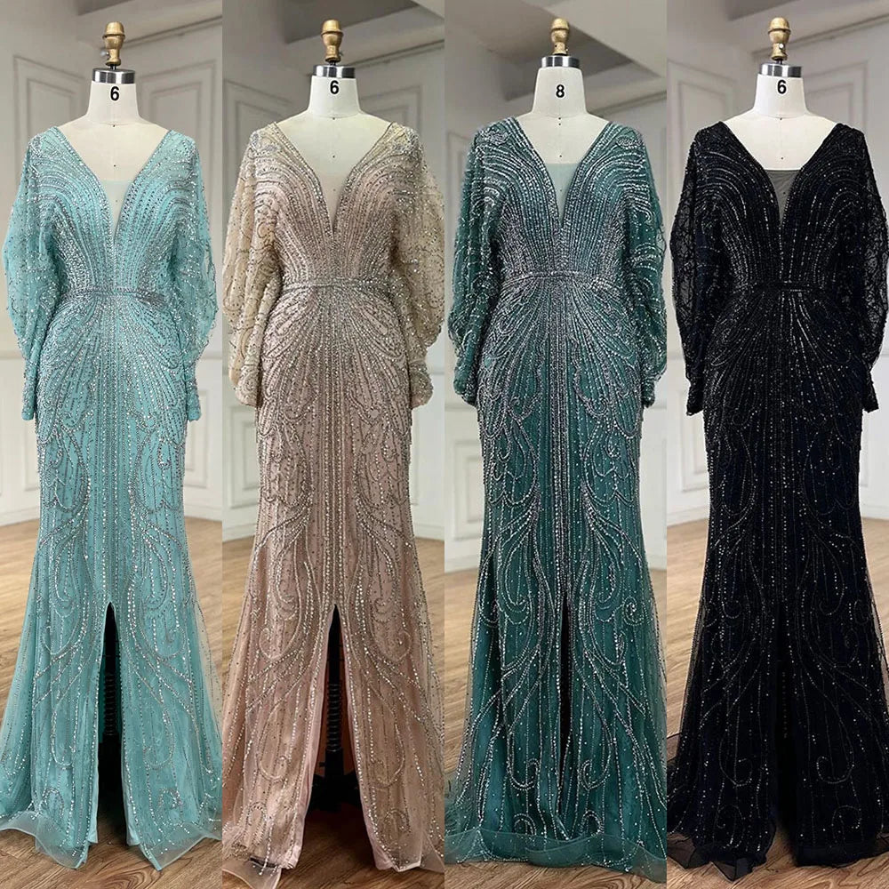 SERENE HILL 2024 Arabic Gold Elegant Mermaid Black Luxury Beaded Evening Dresses Gowns Diamond For Women Wedding Party GLA72288A