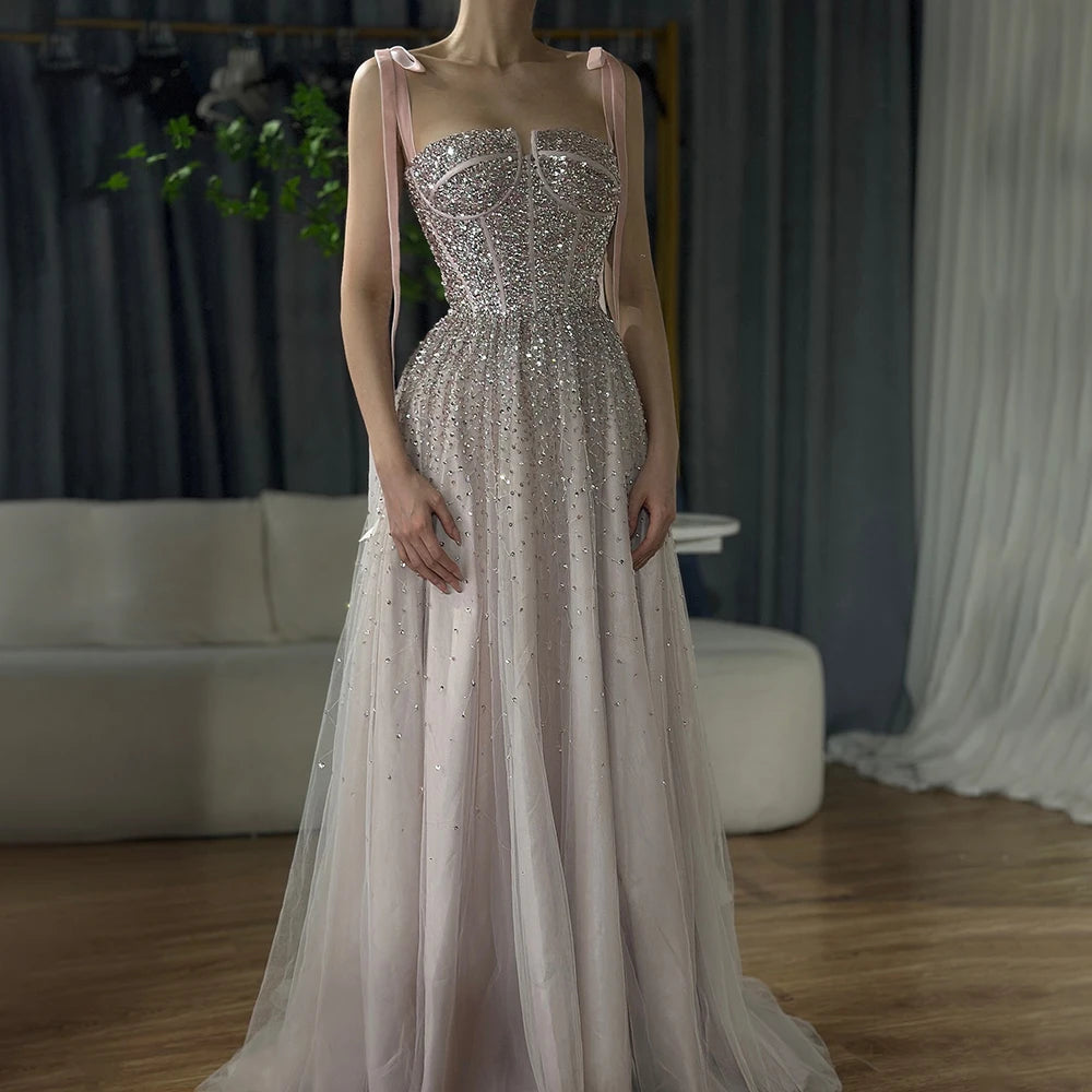 Serene Hill 2024 Saudi Wine Red Beaded Evening Gown Spaghetti Strap A-Line Luxury Floor-Length for Formal Occasion LA70600A