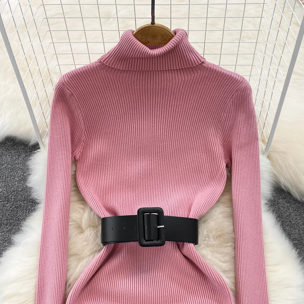 Elegant Turtleneck Long Sleeve Knit Soft Tight Pencil Dress with Belt Slim Fashion Warm Sweater Vestido Sexy Women Winter Robe