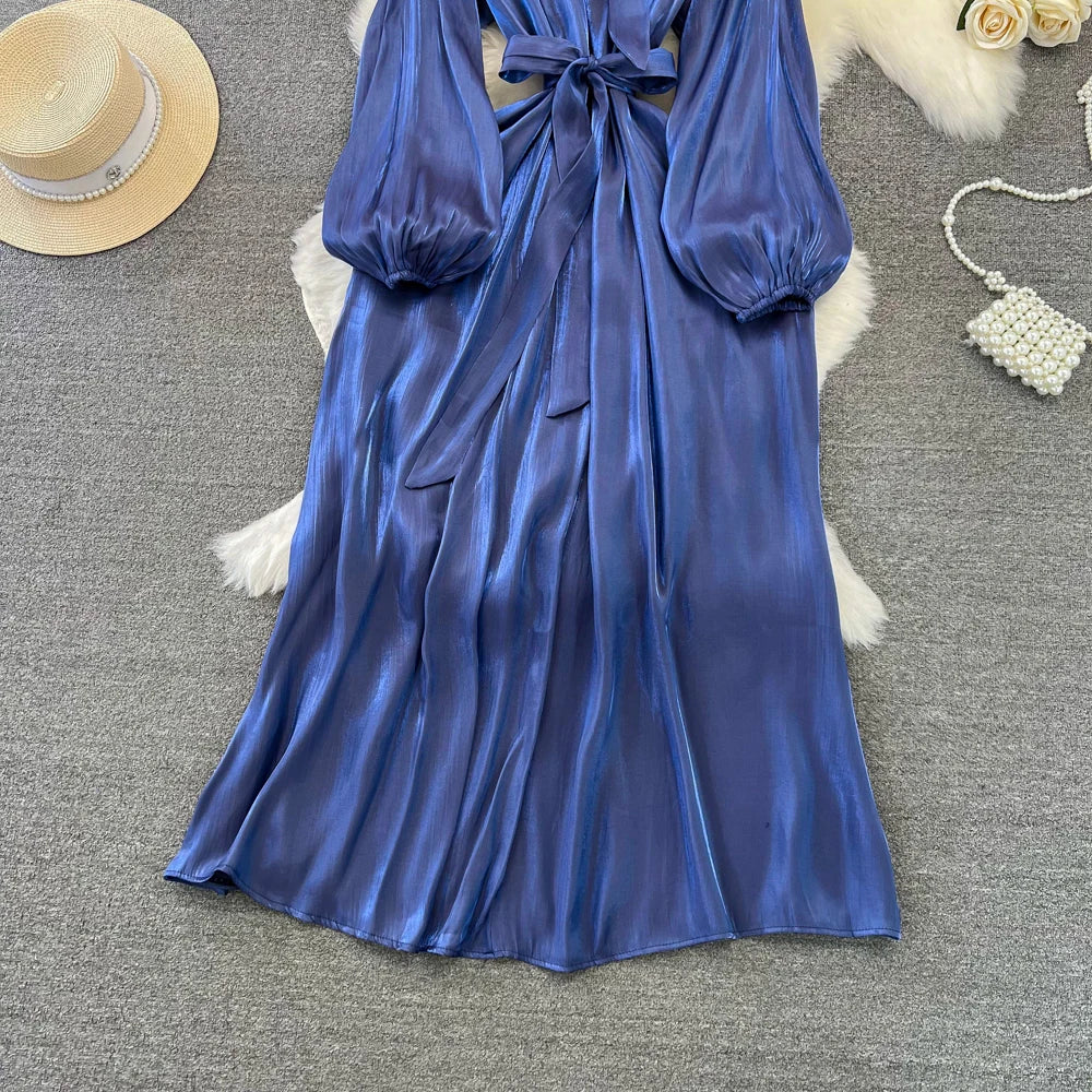 Autumn Elegant Women Fashion Party Long Dress Bow Lace Up Long Sleeve Evening Dresses A-Line Casual Vestidos One Piece Prom Robe
