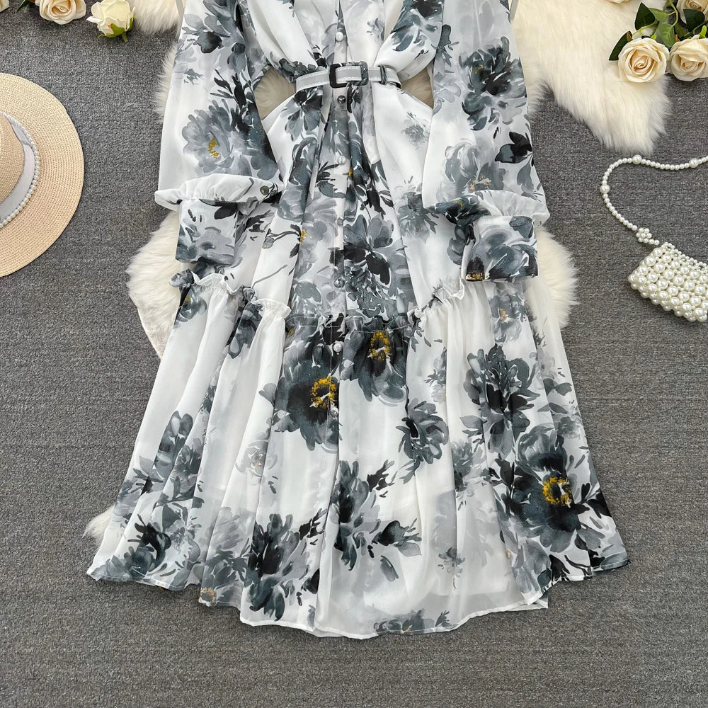 Elegant Casual Women Fashion Floral Print Long Dress Vintage Pleated A-Line Maxi Boho Beach Party Robe Female Clothes Mujers