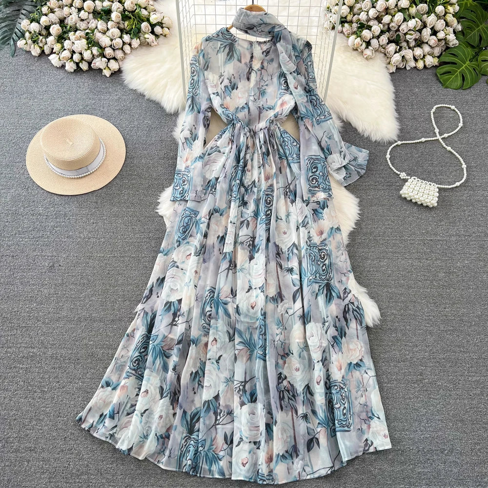 Elegant Chic A-Line Women Autumn Dress Long Sleeve Casual Floral Print Vintage Beach Holiday Vestidos Female Lace-up Robe Mujers