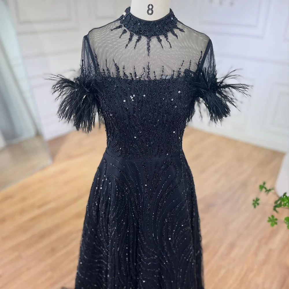 Serene Hill 2024 Arabic blue A Line Short Sleeveless Luxury Evening Dresses Beaded Feathers For Women Wedding Party LA72351