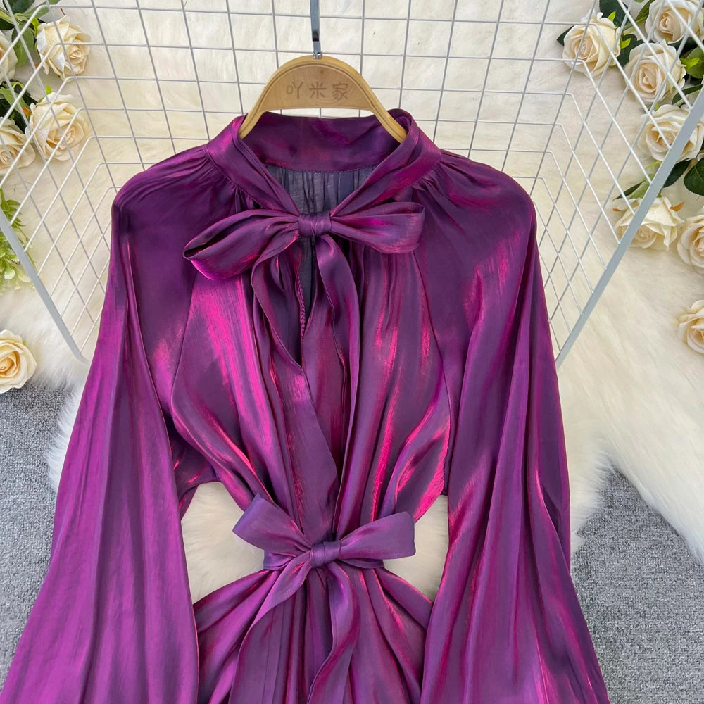Autumn Elegant Women Fashion Party Long Dress Bow Lace Up Long Sleeve Evening Dresses A-Line Casual Vestidos One Piece Prom Robe