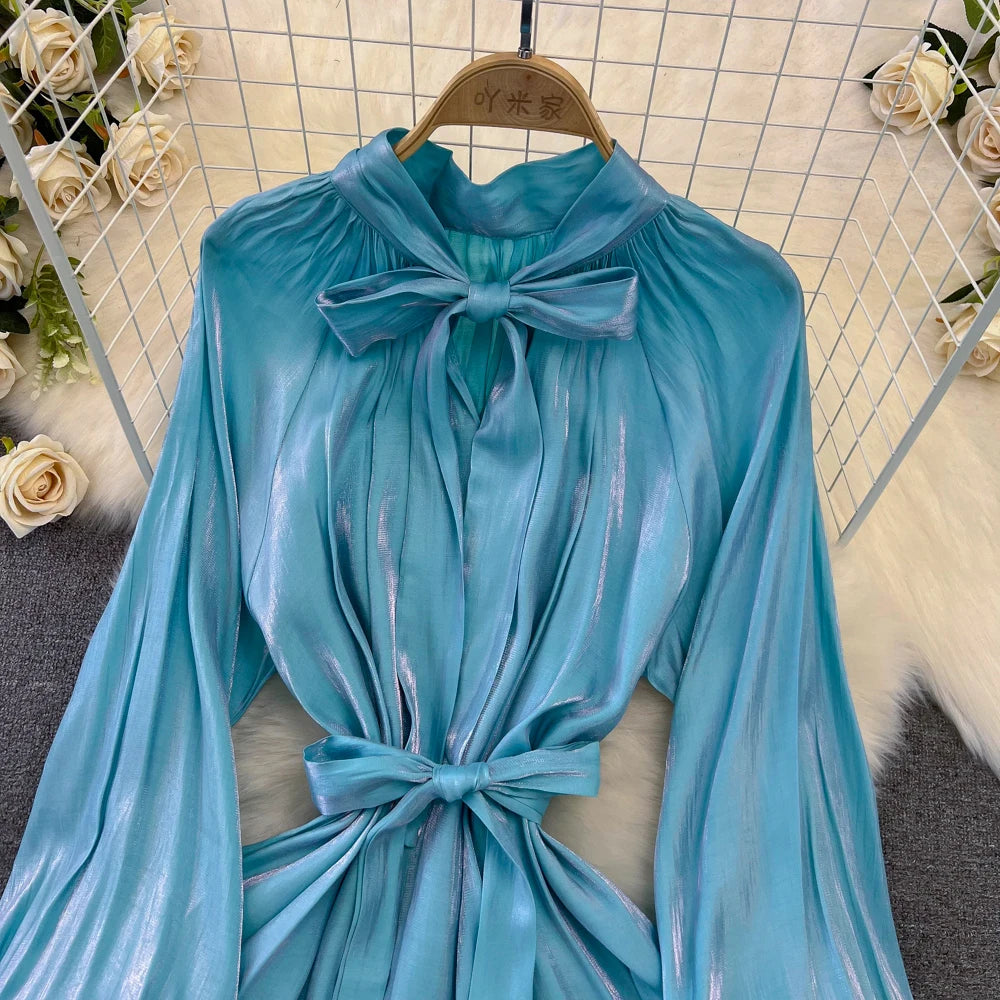 Autumn Elegant Women Fashion Party Long Dress Bow Lace Up Long Sleeve Evening Dresses A-Line Casual Vestidos One Piece Prom Robe