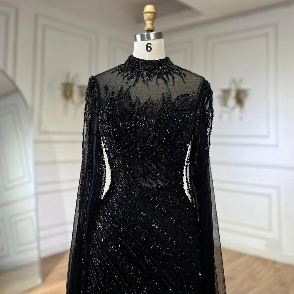 Serene Hill 2024 Nude Cape Sleeves Mermaid Lace Beaded Luxury Dubai Long Evening Dresses Gowns For Formal Occasion LA71885A