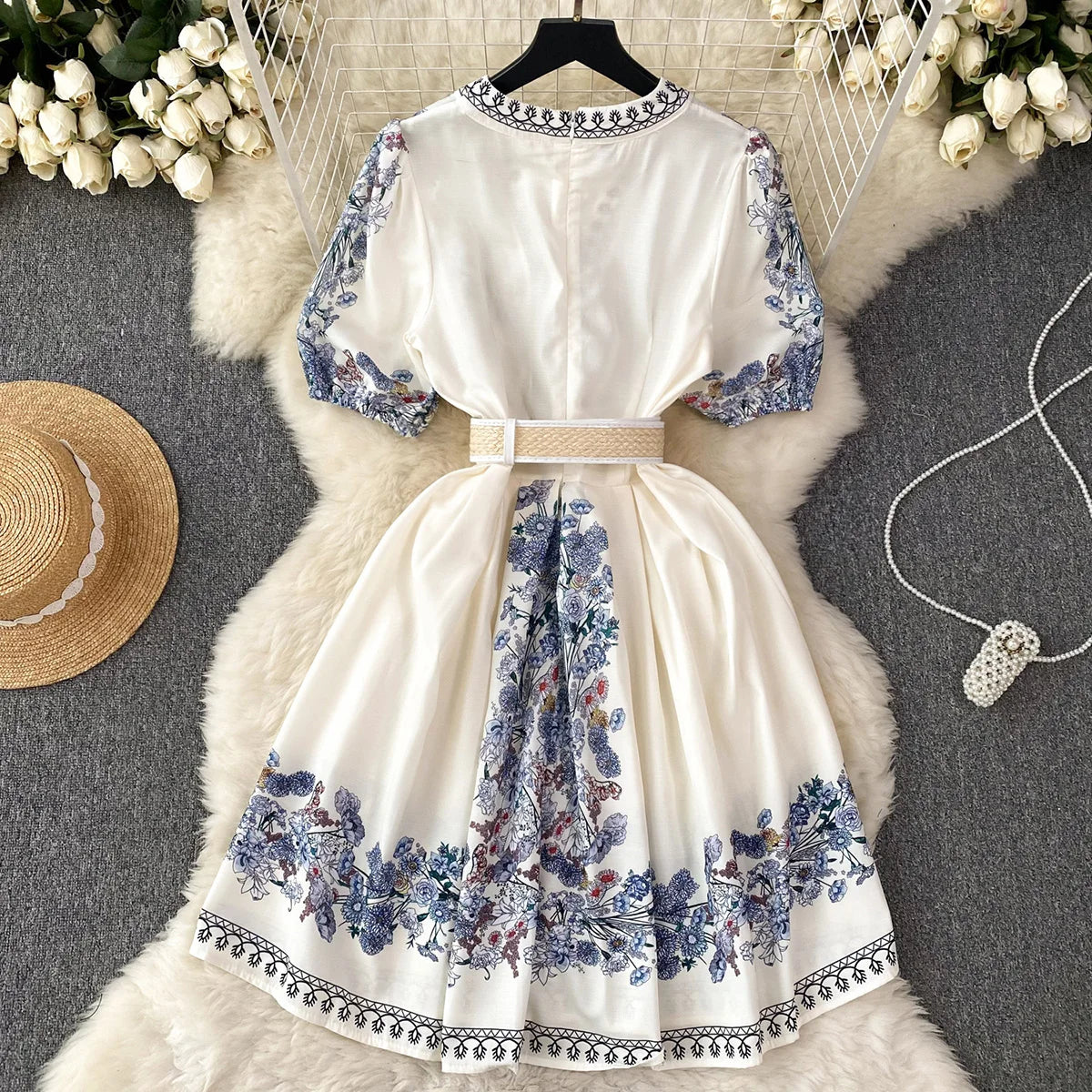 Party Dresses 2023 Elegant Vintage Floral Print Holiday Dress Women V Neck Short Puff Sleeve Summer Clothes Mini Dress With Belt