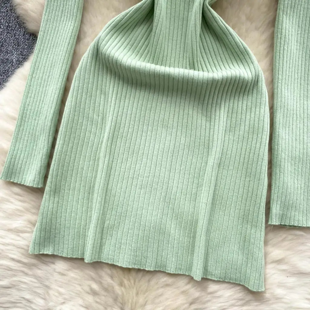 Y2k French Vintage Knitted Dress for Women Autumn Bodycon V-neck Long Sleeved Solid Simplicity Fashion Causal A-line Dresses