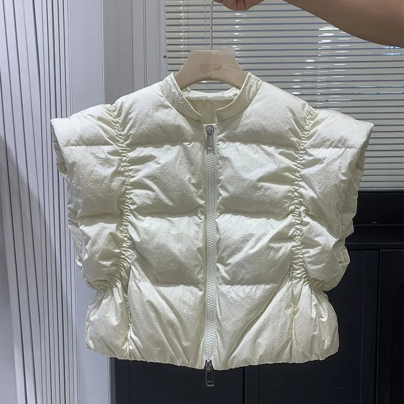 Women's Trendy Down Jacket Vest Winter Chic Sleeveless Zip Coat Round Neck Cropped Warm Waistcoat Female Spring 2024 New