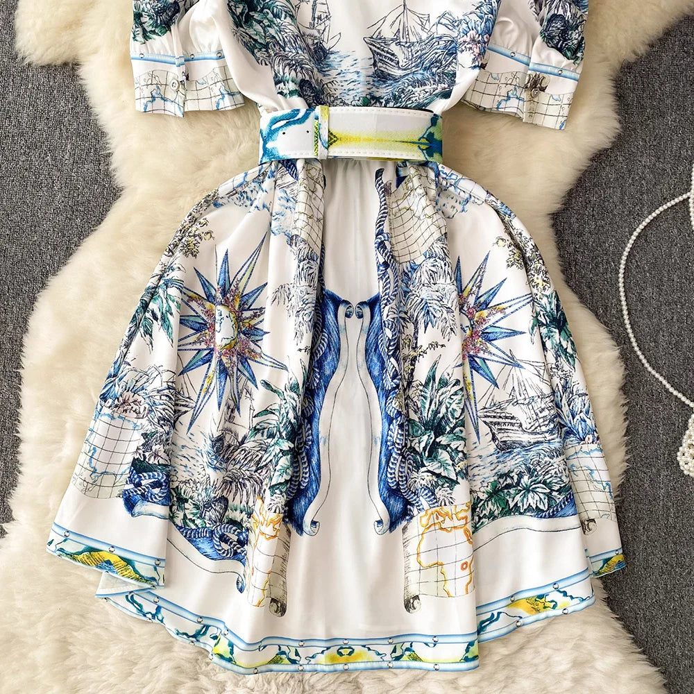 Women Dresses 2023 Short Puff Sleeve Fashion Vintage Print Dress Notched Lapel Front Button Up Elegant Shirt Dress With Belt