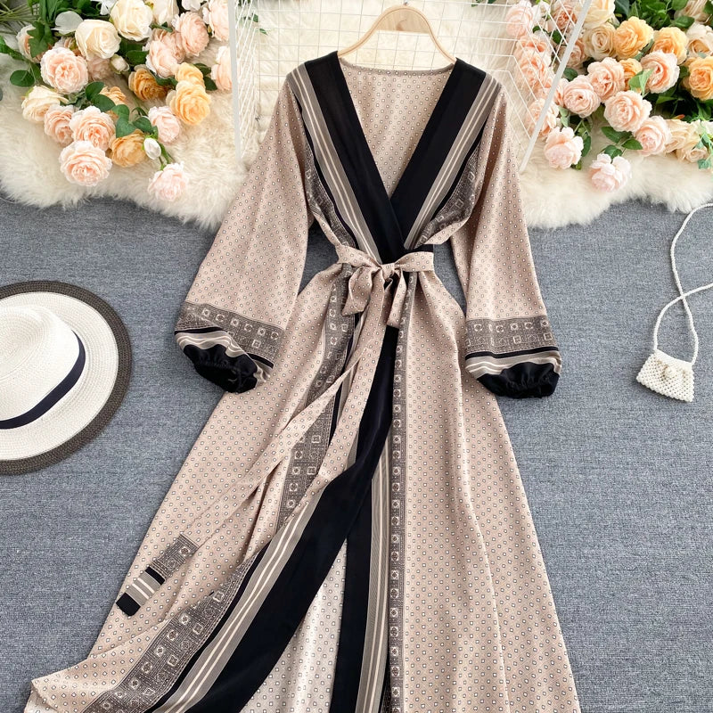Vintage Print Elegant Puff Sleeve One Piece Dress A-line Lace-up Beach Vacation Midi Dress Women Fashion Spring Autumn Vestidos