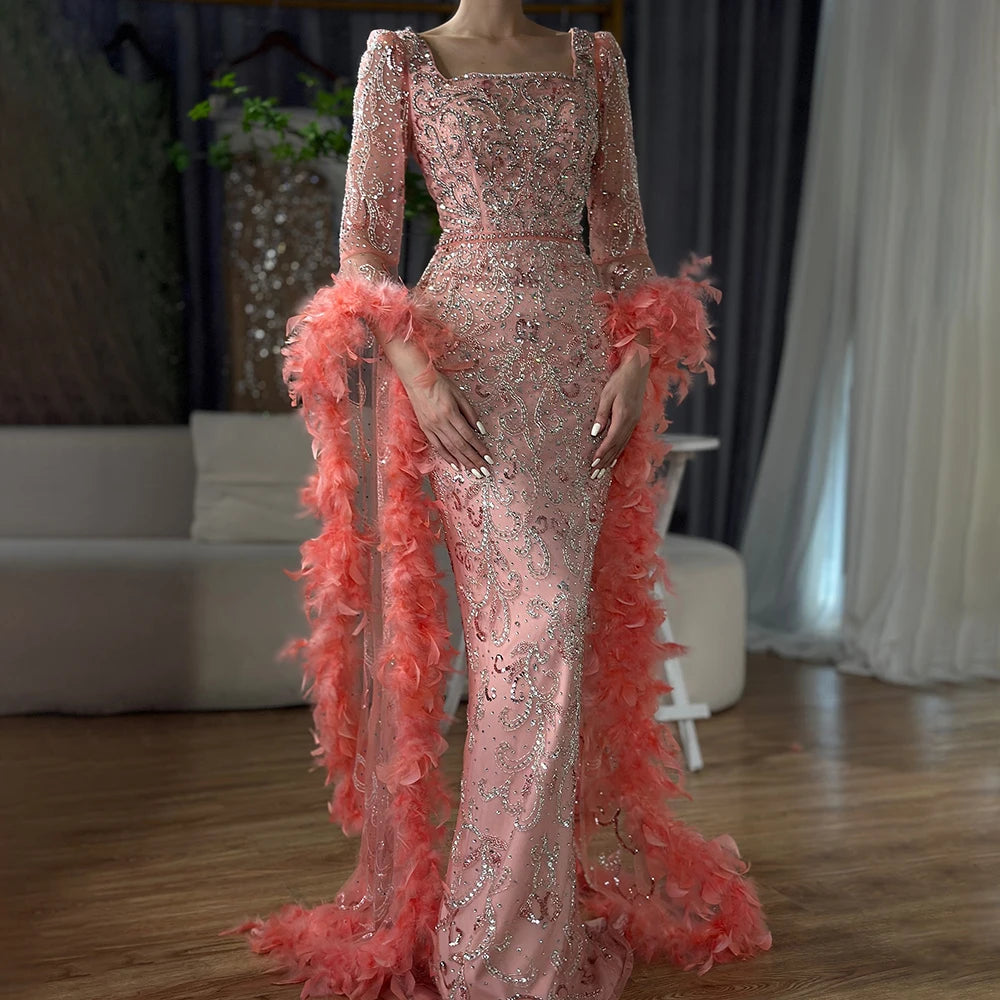 Serene Hill Flared Sleeves Mermaid Peach Beaded Feather Luxury Evening Dresses Gowns For Women's Party 2024 LA72767