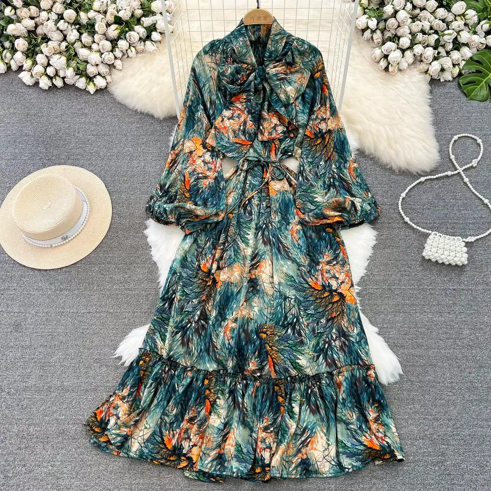 Elegant Casual A-Line Vintage Ruffle Print Long Dress Autumn Lantern Sleeve Party Boho Dresses Beach Holiday Female Vestidos