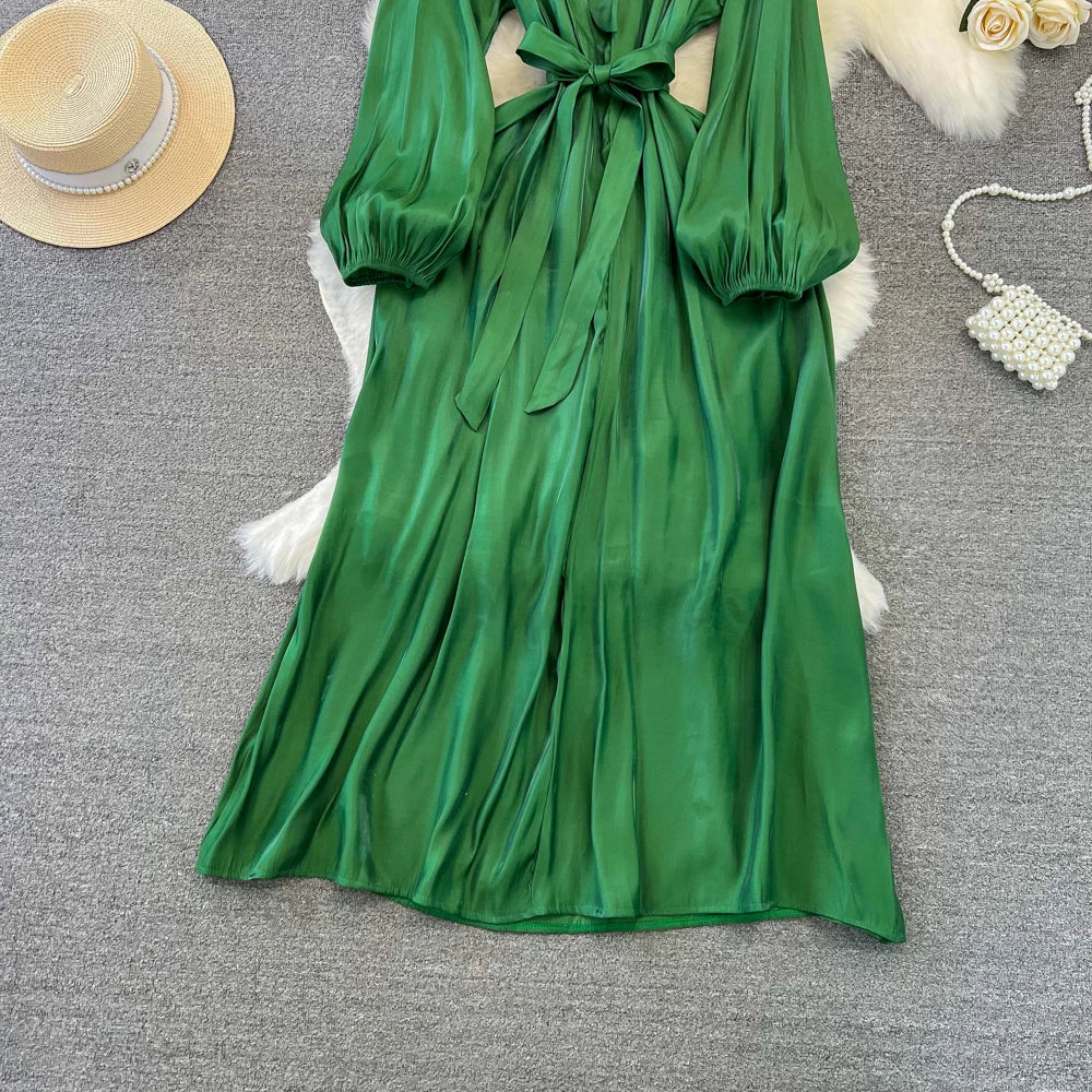 Autumn Elegant Women Fashion Party Long Dress Bow Lace Up Long Sleeve Evening Dresses A-Line Casual Vestidos One Piece Prom Robe