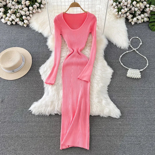 Women Chic Elegant Long Sleeve Bodycon Vneck Dress Sexy French Fashion Knit Wrap Vestidos Elastic Slim Pencil Sweater Dress