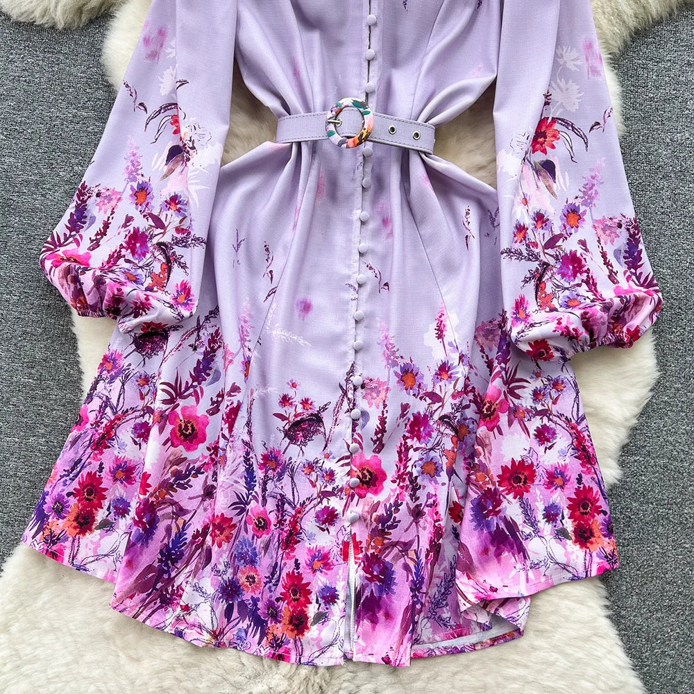 Spring Dresses 2024 Women Clothing Long Sleeve Party Elegant Dress With Belt Stand Collar Vintage Floral Print Holiday Dress