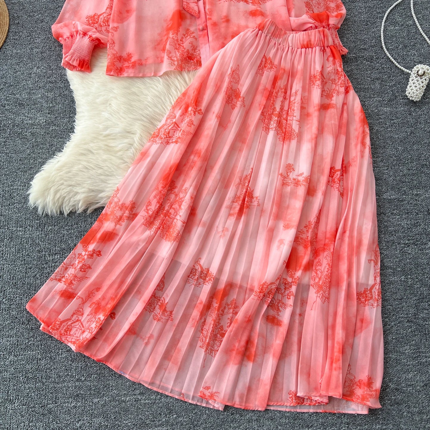 Women Chic Print Sweet Two Pieces Sets Bow Lantern Long Sleeve Top  High Waitst Wide Skirt Fashion Summer Sets