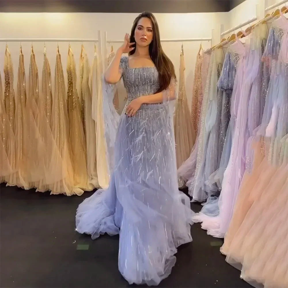 Serene Hill Luxury Dubai A Line Blue Cape Sleeves Feathers Beaded Evening Dresses Gowns 2023 For Women Wedding Party BLA72236